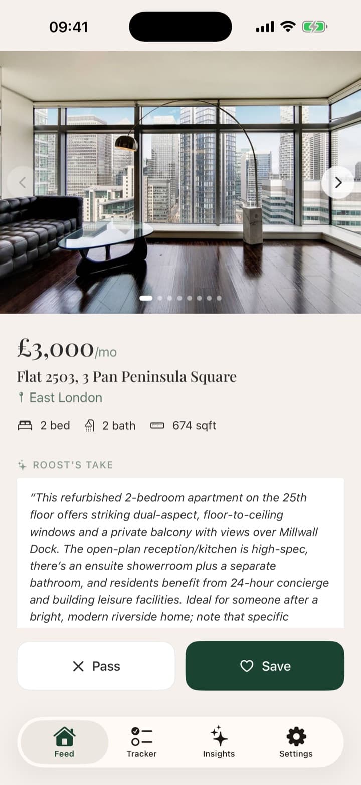 The Roost feed showing a scored London property with Roost's Take