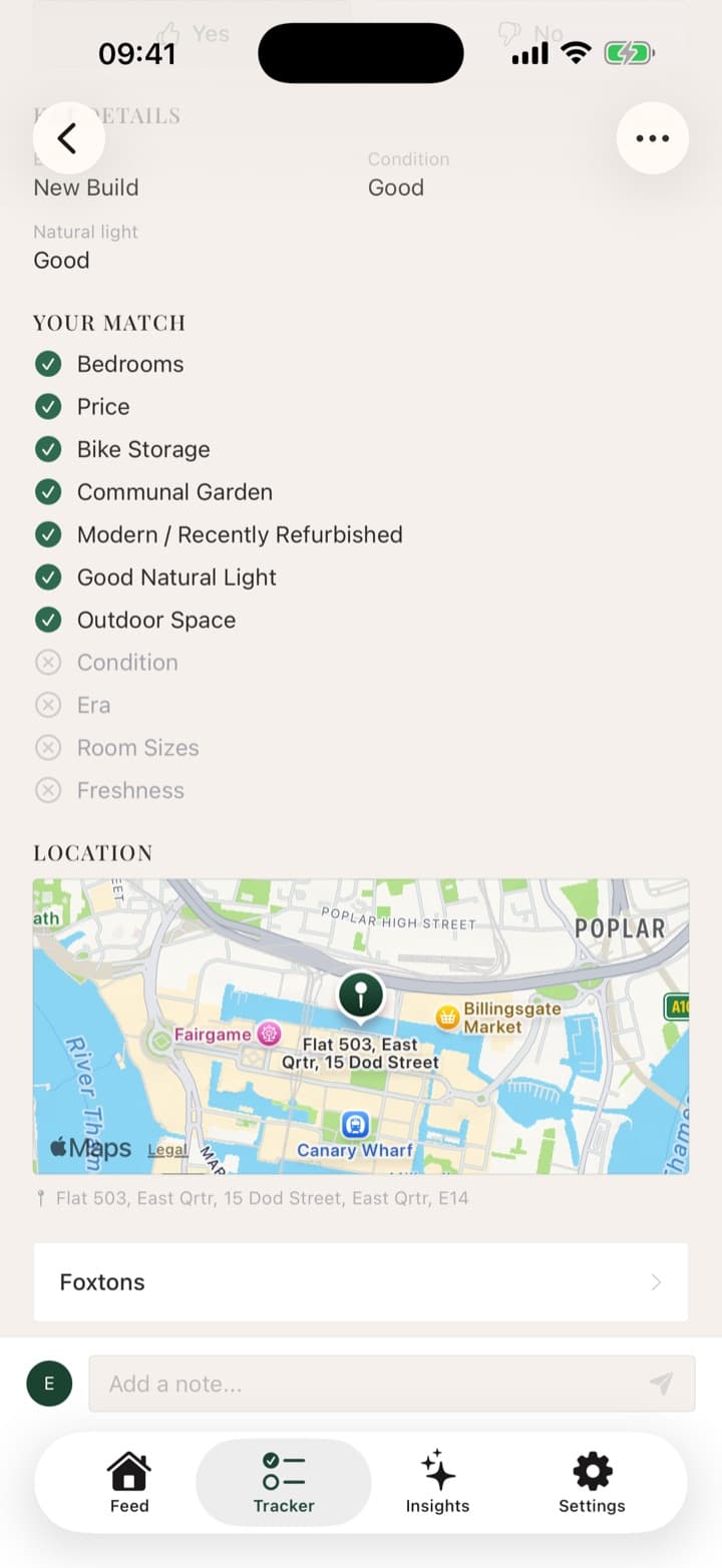 The Roost Match screen listing the reasons a flat fits your taste