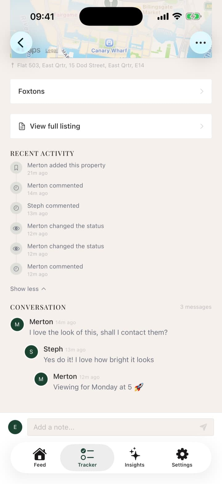 A flat in Roost with the household's comments, notes and activity in one thread