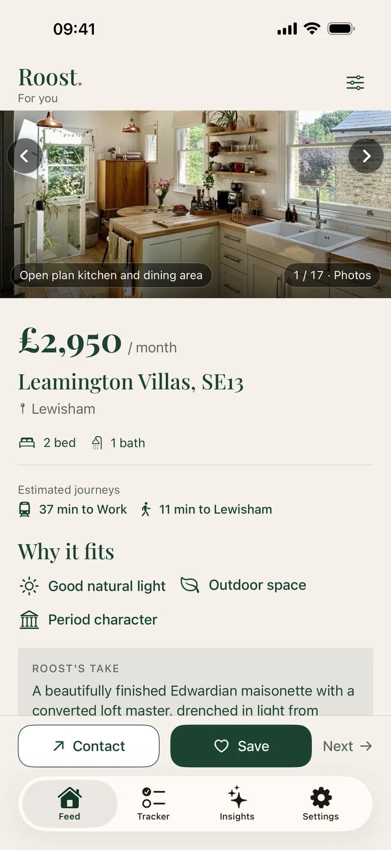 The Roost feed: a two-bedroom home in Lewisham at £2,950 a month, its journeys to work and the station, and three reasons it fits