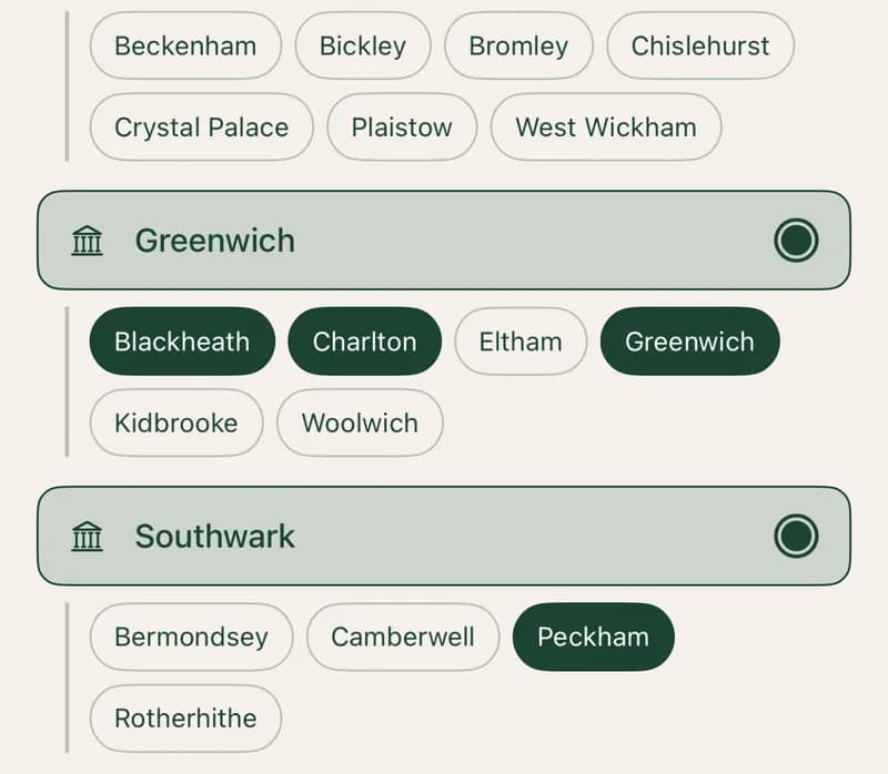 Picking neighbourhoods in Roost: Greenwich and Southwark chosen, with Blackheath, Charlton, Greenwich and Peckham selected underneath