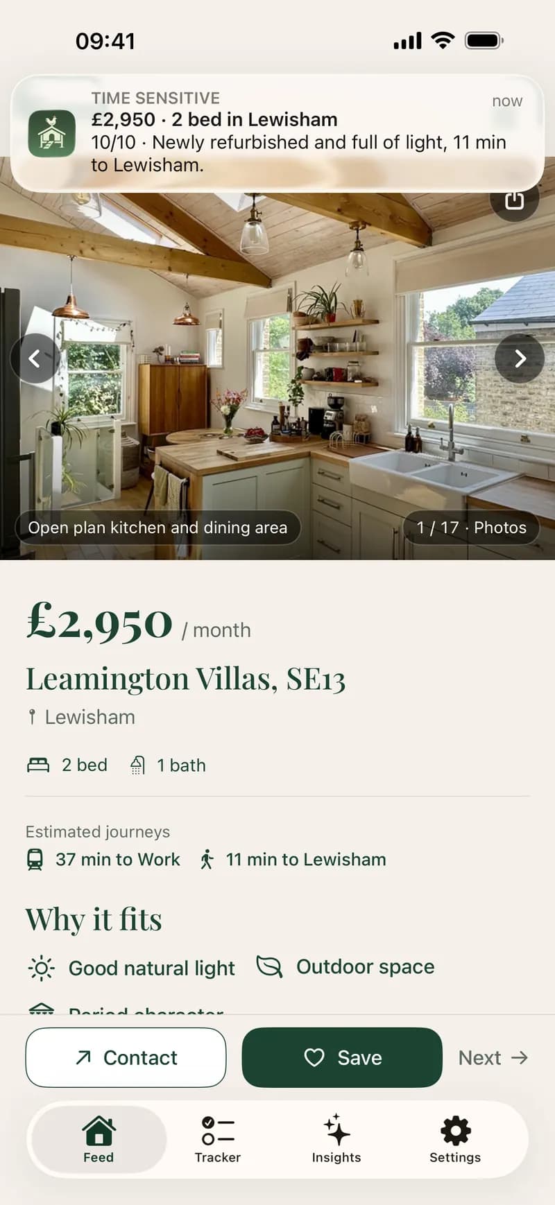 A Roost notification over the feed: £2,950, two bed in Lewisham, newly refurbished and full of light, 11 minutes to Lewisham