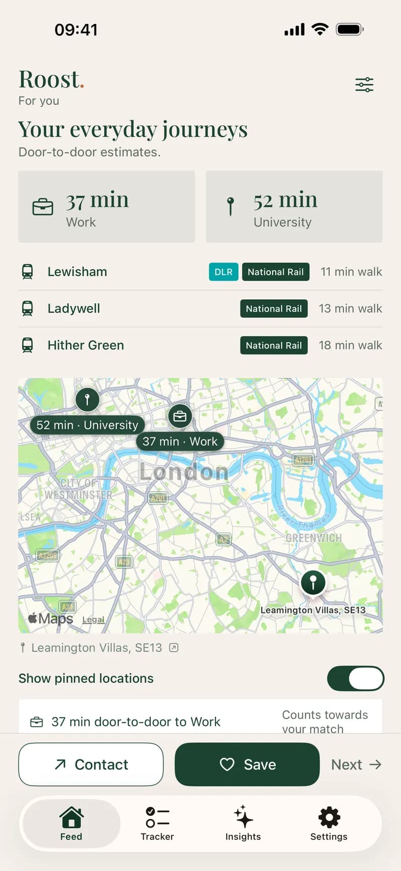 A home in Roost with journeys of 37 minutes to work and 52 minutes to university, three nearby stations and a map of London with both pins