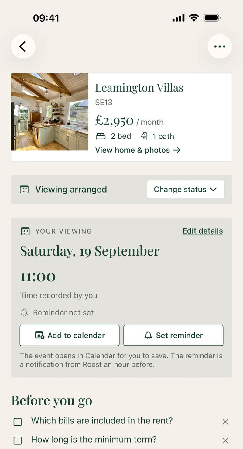 A saved home in the Roost Tracker with a viewing arranged for Saturday 19 September at 11:00, Add to calendar and Set reminder buttons, and two questions to ask