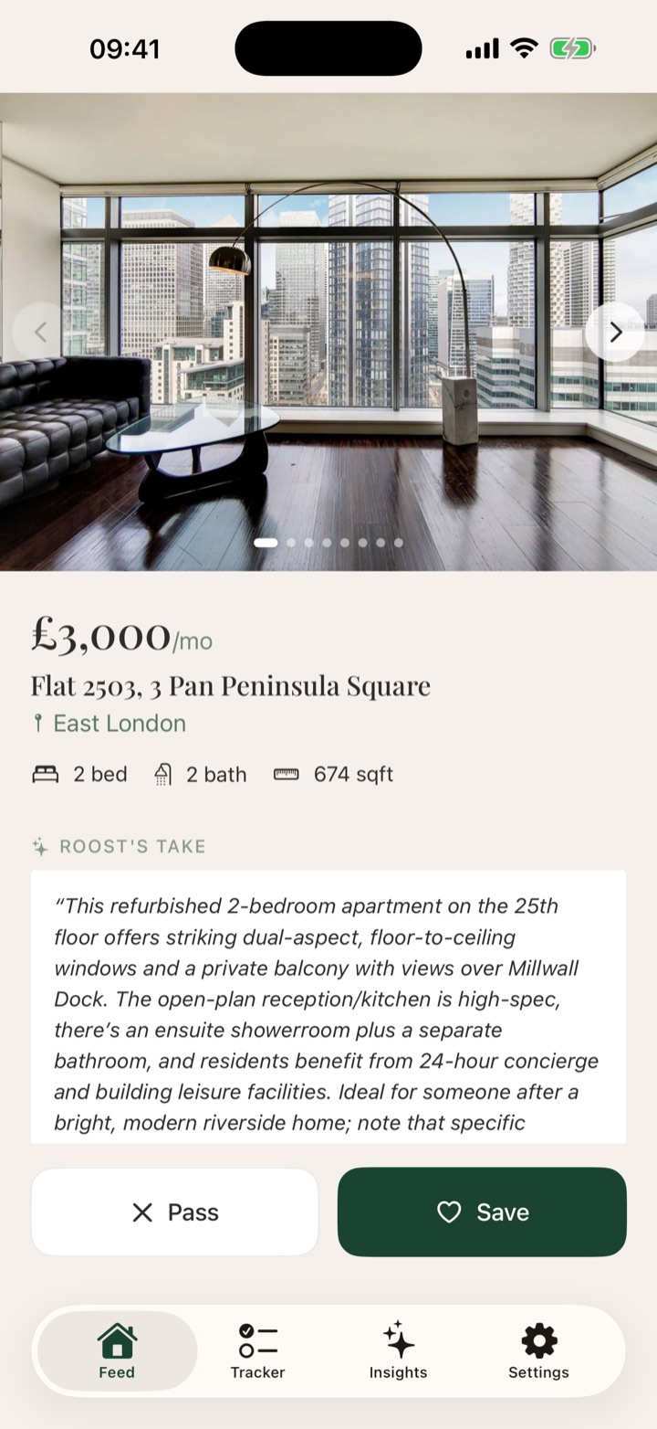 The Roost feed showing a scored London property with Roost's Take